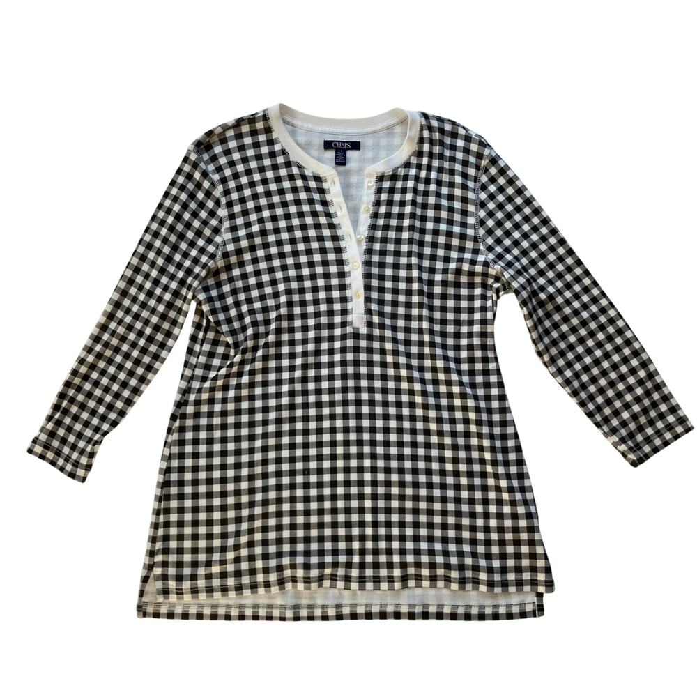 Chaps Micro Plaid Henley Top Size Large 100% Cotton Black White